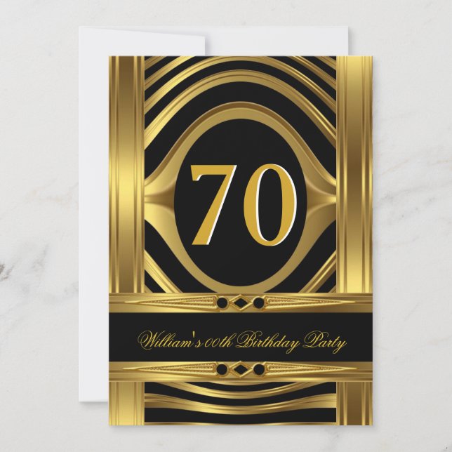 Men's Birthday Metal Gold Look Black Jewel Invitation (Front)