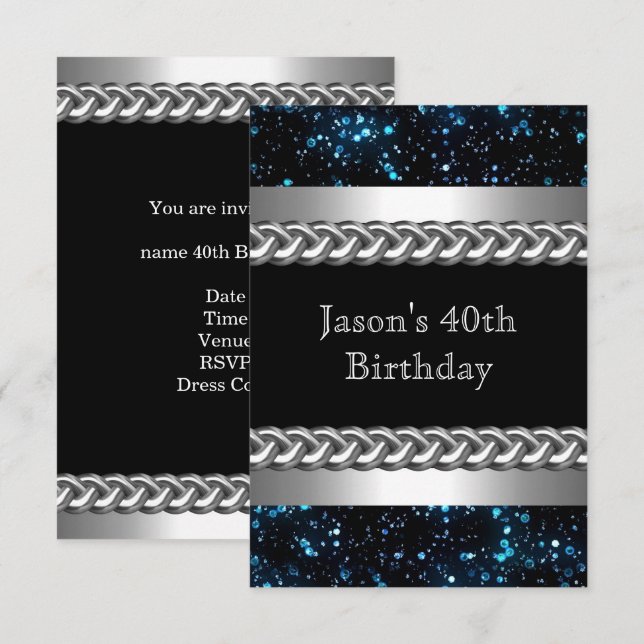 Mens Birthday Party Blue Metal Chrome Silver Image Invitation (Front/Back)