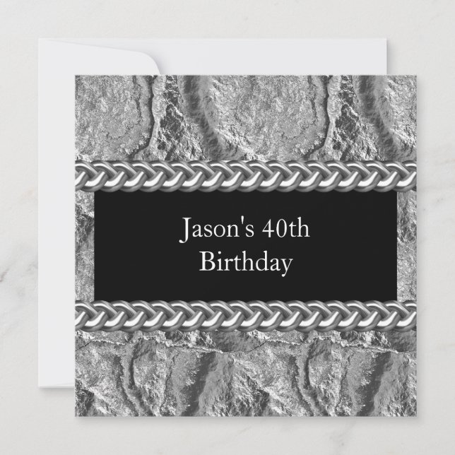 Mens Birthday Party Metal Chrome Black Silver 40th Invitation (Front)