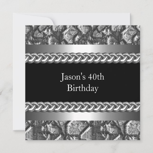 Mens Birthday Party Metal Chrome Black Silver 40th Invitation (Front)