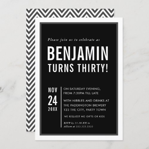MENS BIRTHDAY PARTY modern typography black white Invitation