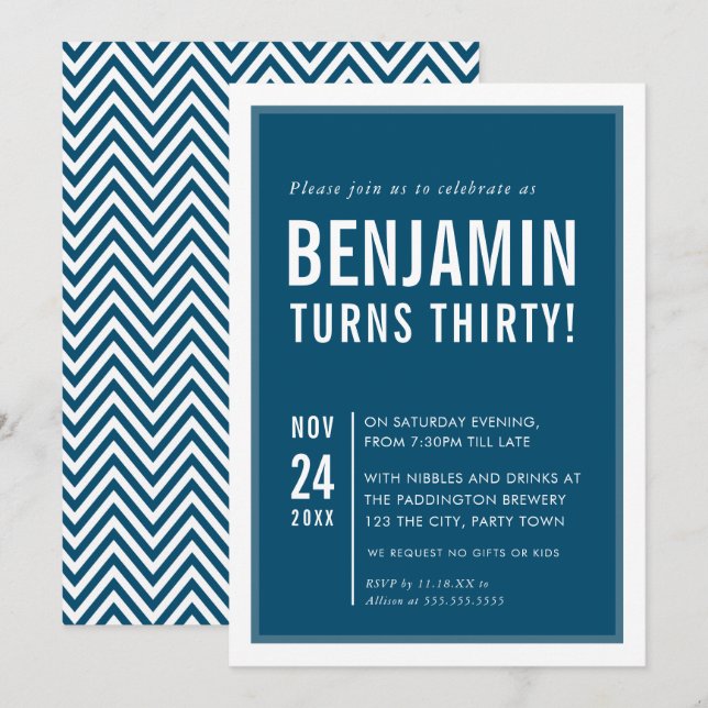 MEN'S BIRTHDAY PARTY modern typography navy white Invitation (Front/Back)