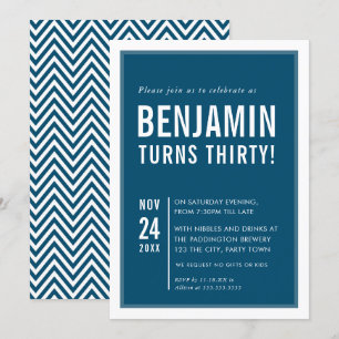 MEN'S BIRTHDAY PARTY modern typography navy white Invitation