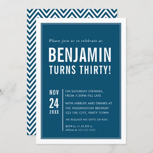 MENS BIRTHDAY PARTY modern typography navy white Invitation