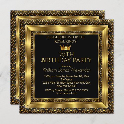 Mens Birthday Party Photo Crown Gold Art Deco Invitation