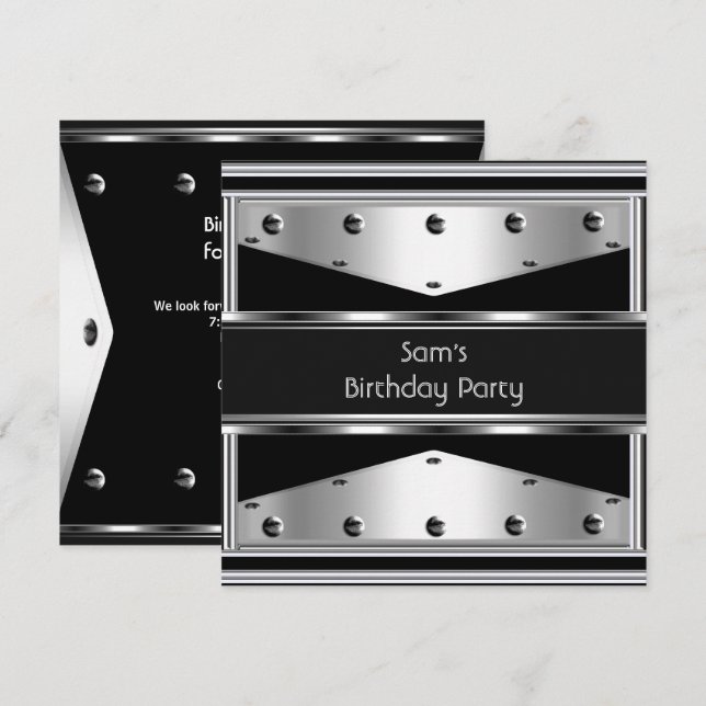 Mens Birthday Party Silver Metal Black Mans Invitation (Front/Back)