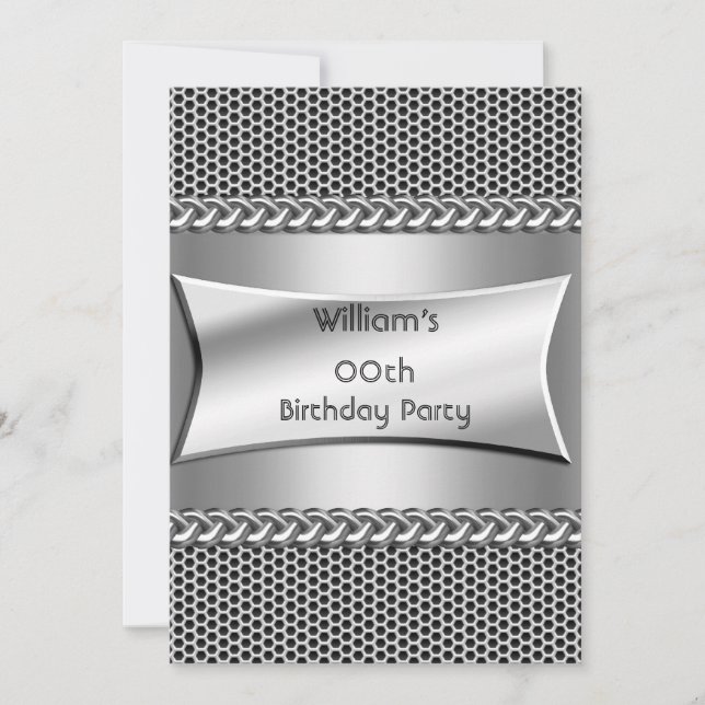 Mens Birthday Party Silver Metal Look Chrome Invitation (Front)