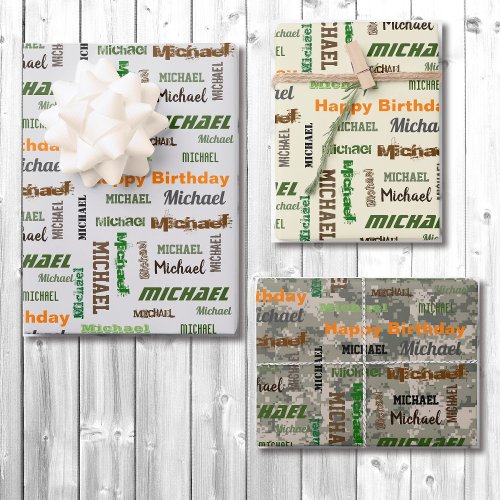 Mens Birthday Repeating Name Set of 3 Wrapping Paper Sheets