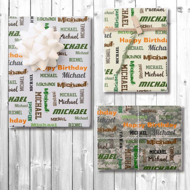 Men's Birthday Repeating Name Set of 3 Wrapping Paper Sheets (Creator Uploaded)
