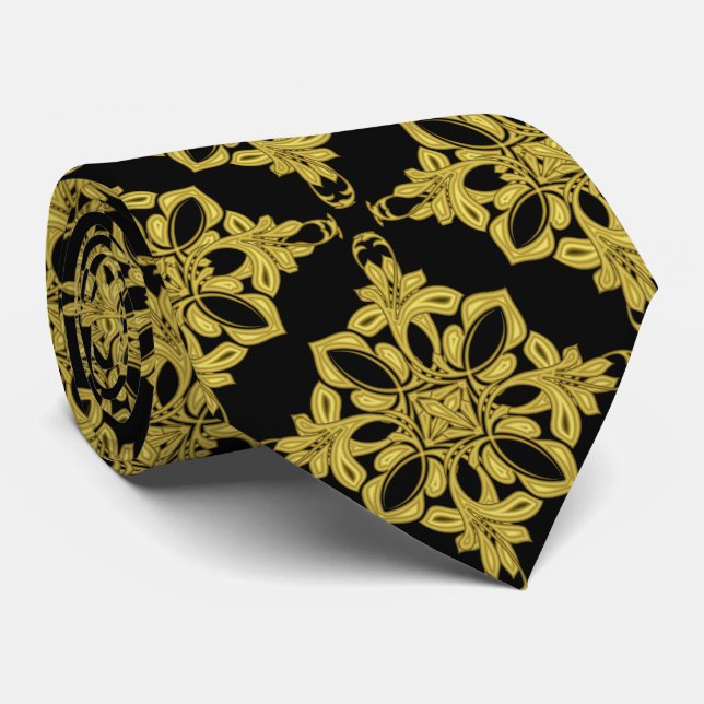 Men's Black and Faux Gold Pattern Neck Tie (Rolled)