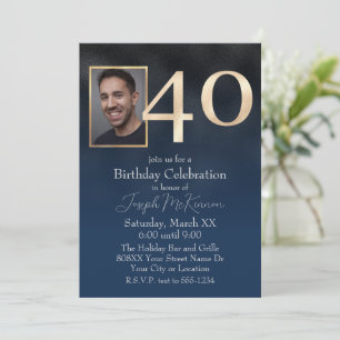 Men's Black and Navy Blue 40th Birthday Invitation