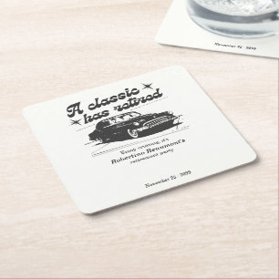 Men's Black Classic Car Cruising Retirement Party Square Paper Coaster