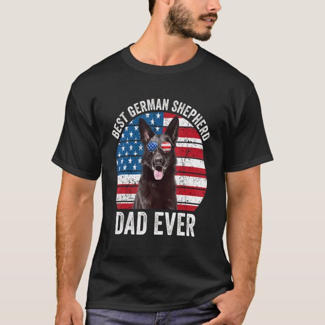 Mens Black German Shepherd Dad American Flag Gsd D T-Shirt (Front)