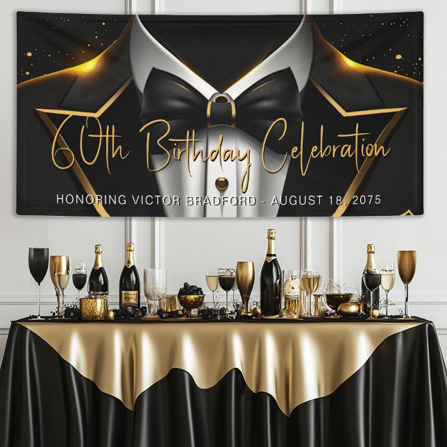 Mens Black Gold Birthday Party Banner (Mens black and gold birthday party and event banner. Simply add your event details.)
