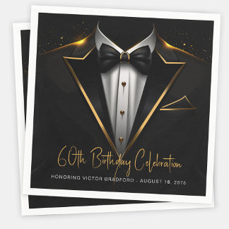 Mens Black Gold Birthday Party Napkins
