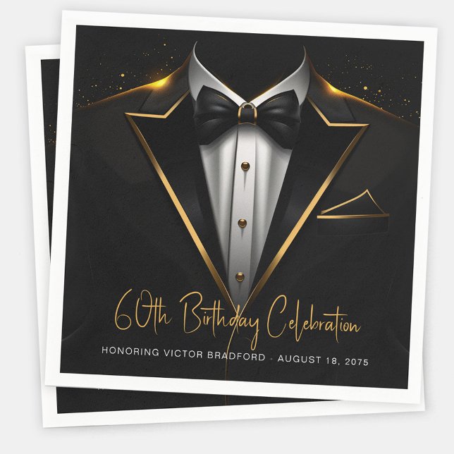 Mens Black Gold Birthday Party Napkins (Mens black gold birthday party paper napkins. Add your event details, photo or logo to personalize.)