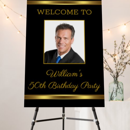 Mens Black Gold Birthday Party Welcome Sign