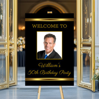 Mens Black Gold Birthday Party Welcome Sign