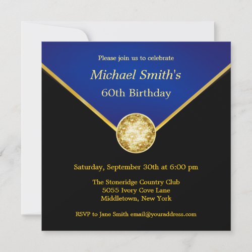 Mens Black Gold Blue Elegant Birthday Invitations