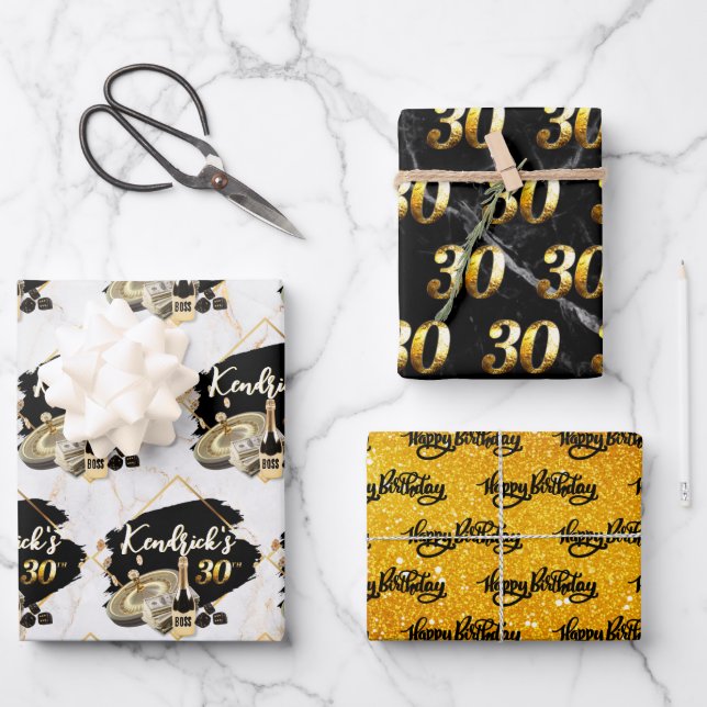 Men's  Black & Gold Casino 30th Birthday Wrapping Paper Sheets (Front)