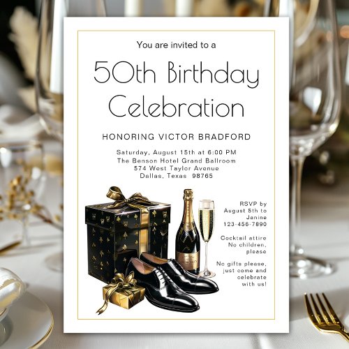 Mens Black Gold Formal Birthday Invitation