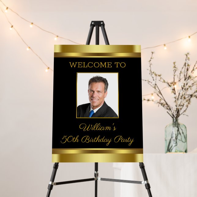 Mens Black Gold Photo Birthday Party Welcome Sign (In Situ (Stand))