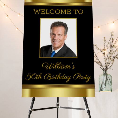 Mens Black Gold Photo Birthday Party Welcome Sign