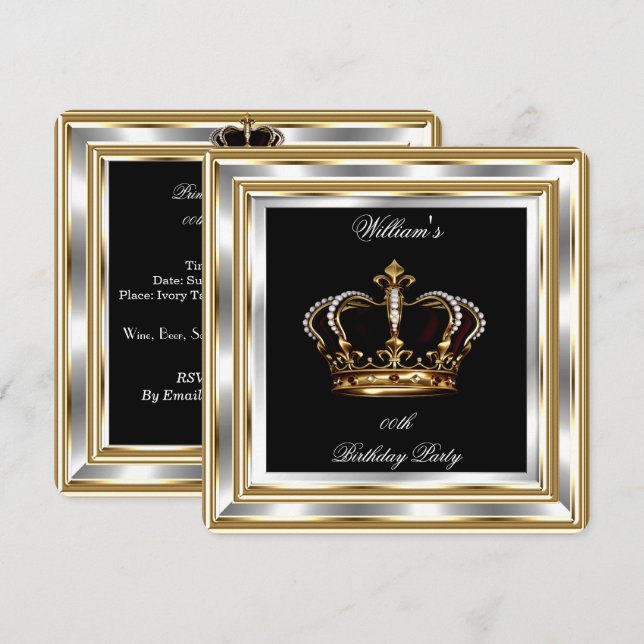 Men's Black Gold Silver Birthday Prince King 2 Invitation (Front/Back)