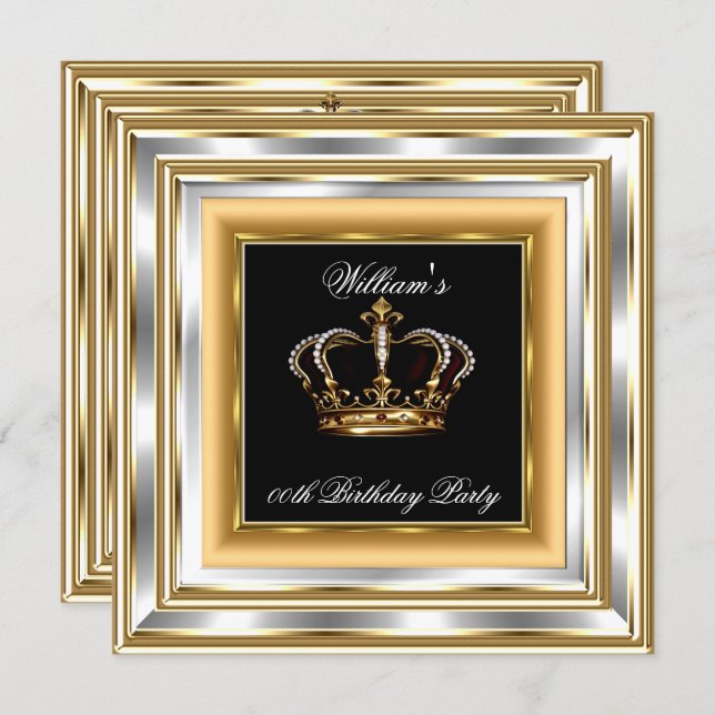 Men's Black Gold Silver Birthday Prince King 3 Invitation (Front/Back)