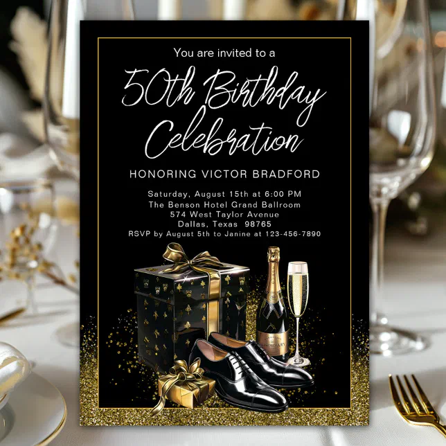 Mens Black Gold Sophisticated Upscale Birthday Invitation | Zazzle
