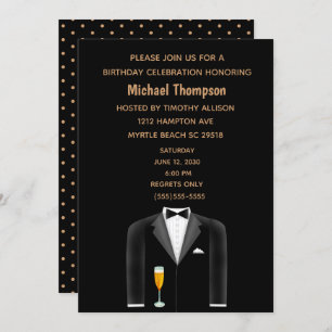 Mens Black Gold Tux Birthday Party Invitation