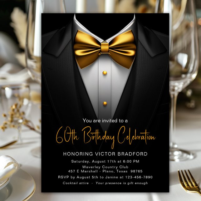 Mens Black Gold Tuxedo Any Number Birthday Invitation (Black tuxedo with elegant gold tie any number birthday or event invitation. Simply add your details.)