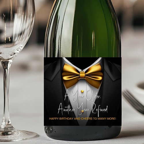 Mens Black Gold Tuxedo Birthday Champagne Label