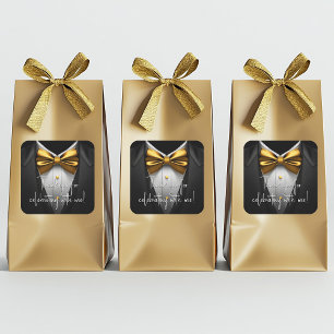 Mens Black Gold Tuxedo Birthday Party Square Sticker