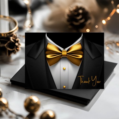 Mens Black Gold Tuxedo Birthday Party Thank You Card