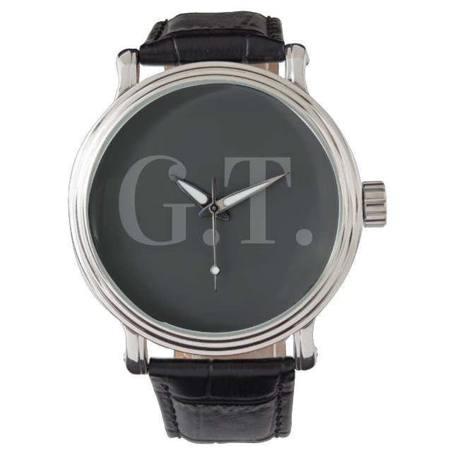 Men's Black Leather Monogram Wristwatch (Front)