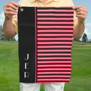 Mens Black Red Modern Custom Monogram Golf Towel