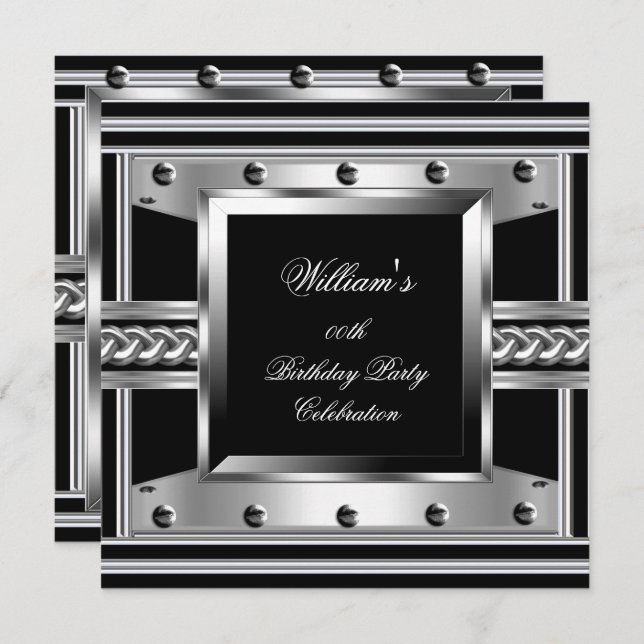 Men's Black Silver Birthday Party Metal Studs Look Invitation (Front/Back)