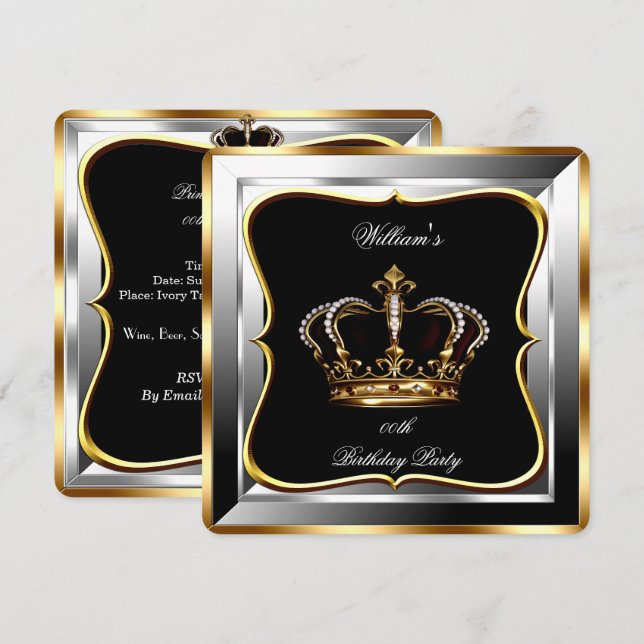 Men's Black Silver Gold Birthday Prince King 2 Invitation (Front/Back)
