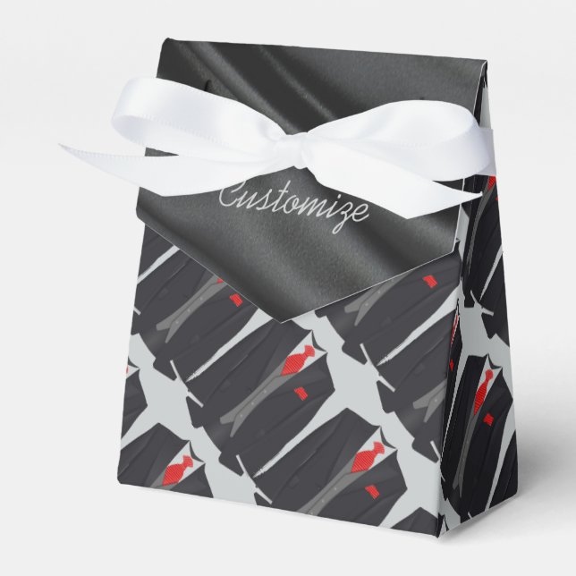 Men's Black Suit and Red Tie Tent Favor Box (Front Side)