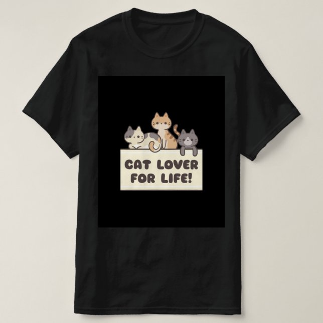mens black t shirt with cute cartoon of cat (Design Front)