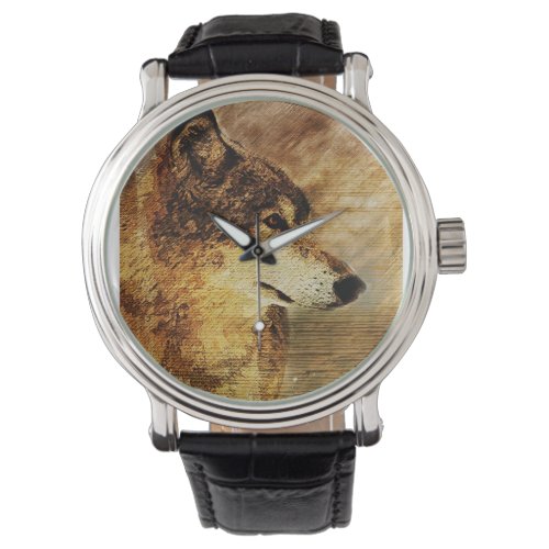 Mens Black Watch with Timber Wolf Illustration