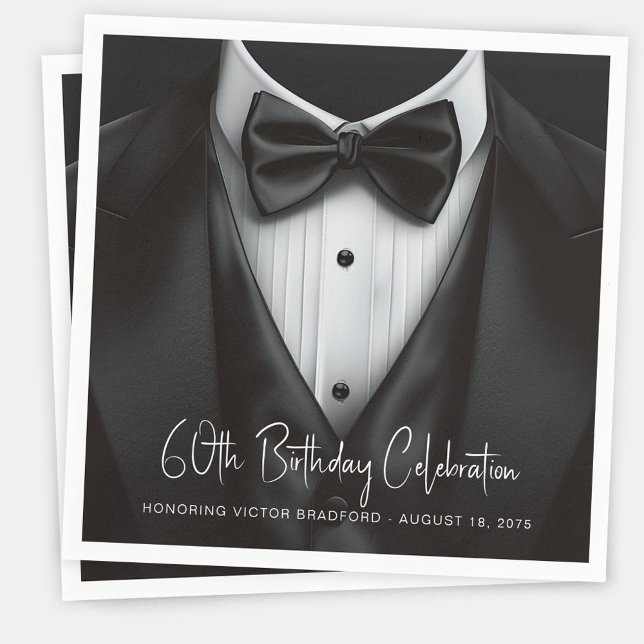 Mens Black White Tuxedo Birthday Party Napkins (Mens black white tuxedo birthday party and event napkins. Add your details to personalize.)