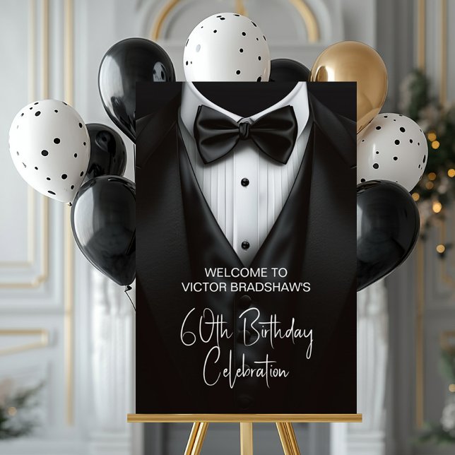 Mens Black White Tuxedo Welcome Sign (Tuxedo event sign. Simply add your event details to this classy black and white tuxedo sign.)