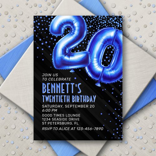 Mens Blue 20th Birthday Invitation