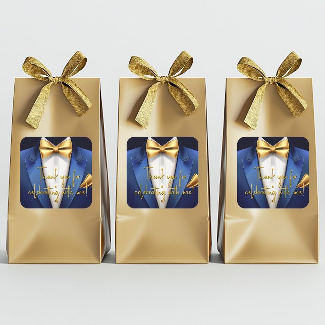 Mens Blue Gold Birthday Party Square Sticker (Blue gold tuxedo favor bag  stickers. Add your text, logo, photo, etc., to personalize. 2 Sizes.)
