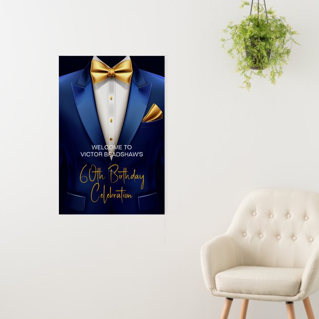 Mens Blue Gold Birthday Party Welcome Sign | Zazzle