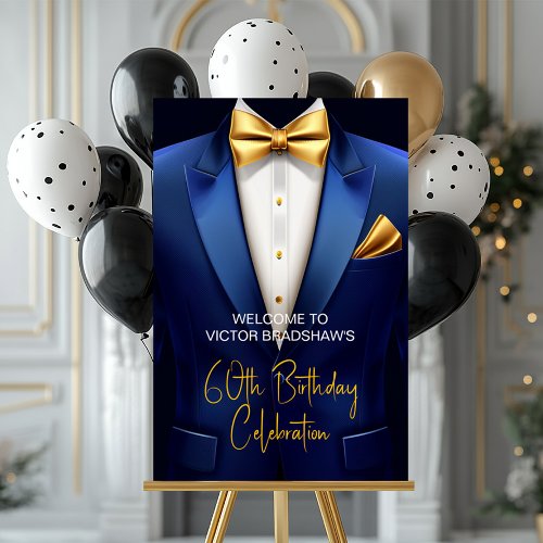 Mens Blue Gold Birthday Party Welcome Sign