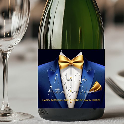 Mens Blue Gold Tuxedo Birthday Champagne Label