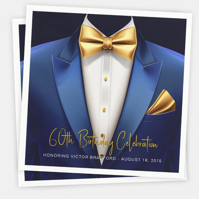 Mens Blue Gold Tuxedo Birthday Party Napkins (Mens blue and gold birthday party napkins with tuxedo design. Add your text, logo, photo, etc.)